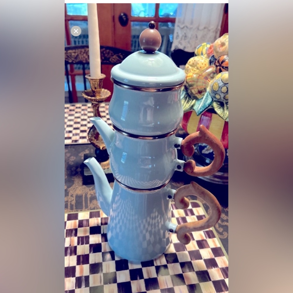 Vintage MacKenzie Childs Victoria & Richard Tiffany Blue Enamel Coffee Tea Set